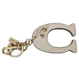 Coach Cream / Beige Leather C Keychain, Gold tone metal, Rhinestone Gem Accents